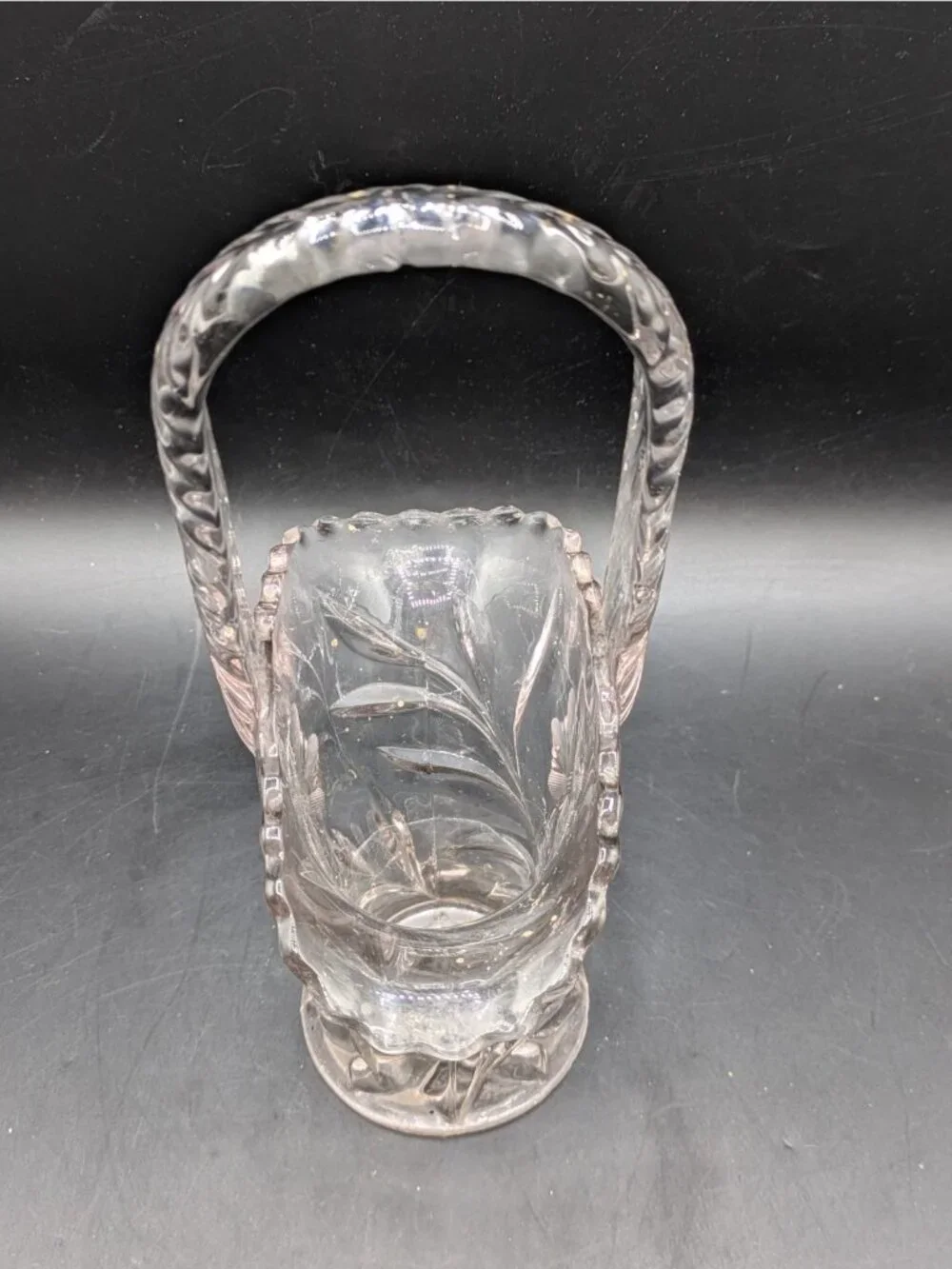 Vintage Duncan Miller Cornflower Clear Cut Etched Glass Bride's Basket Vase 9